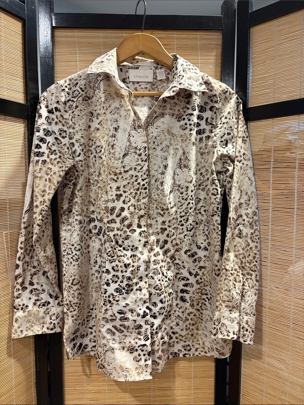 Chico's Men's Animal Print Button-Down Shirt in Cream and Brown